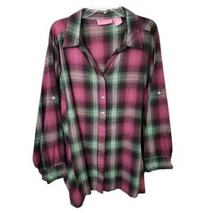 Woman Within Plus Size 1X Plaid Shirt Top Pink Green Cotton Western Country 1073